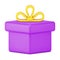 Purple gift packaging 3d icon. Festive box with gold volume bow