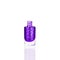 Purple glittering nail polish in glass bottle on white background isolated closeup, opened violet sequin varnish, blue lacquer