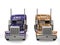 Purple and gold big semi - trailer trucks - side by side - front view