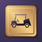 Purple Golf car icon isolated on purple background. Golf cart. Gold square button. Vector