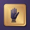 Purple Golf glove icon isolated on purple background. Sport equipment. Sports uniform. Gold square button. Vector