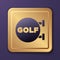 Purple Golf sport club icon isolated on purple background. Gold square button. Vector
