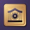 Purple Gong musical percussion instrument circular metal disc icon isolated on purple background. Gold square button