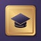 Purple Graduation cap icon isolated on purple background. Graduation hat with tassel icon. Gold square button. Vector