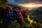 Purple grape bunches hanging on vines with green leaves on a mountain overlooking a cultivated valley. Sunset with orange clouds