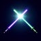 Purple and green crossed light neon swords with trembling blades fight. Laser sabers war. Glowing rays in space. Battle elements w
