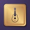 Purple Guitar icon isolated on purple background. Acoustic guitar. String musical instrument. Gold square button. Vector