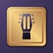 Purple Guitar icon isolated on purple background. Acoustic guitar. String musical instrument. Gold square button. Vector