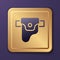 Purple Gun in holster, firearms icon isolated on purple background. Gold square button. Vector