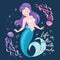 Purple hair mermaid on a dark background. Cute Mermaid with jellyfish, for t shirts or kids fashion artworks, children books.
