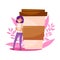 Purple Haired Girl Standing Near Huge Coffee Cup and Floral Backdrop Vector Illustration