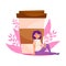 Purple Haired Woman Sitting Near Huge Coffee Cup and Floral Backdrop Vector Illustration