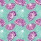 Purple hand drawn flowers with featured unfinished white bloom. Seamless vector pattern on marbled turquoise background