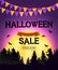 Purple Happy Halloween, Shop Now poster Template Background with bat and spider. Vector Illustration