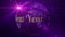 Purple Happy New Year 2021 Greeting On Square Dotted Globe Earth World Map Rotating With Stars Lighting Flare And Fireworks