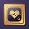 Purple Heart rate icon isolated on purple background. Heartbeat sign. Heart pulse icon. Cardiogram icon. Gold square