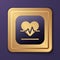 Purple Heart rate icon isolated on purple background. Heartbeat sign. Heart pulse icon. Cardiogram icon. Gold square