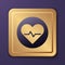 Purple Heart rate icon isolated on purple background. Heartbeat sign. Heart pulse icon. Cardiogram icon. Gold square