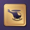 Purple Helicopter aircraft vehicle icon isolated on purple background. Gold square button. Vector