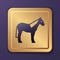 Purple Horse icon isolated on purple background. Animal symbol. Gold square button. Vector