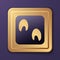 Purple Horse paw footprint icon isolated on purple background. Gold square button. Vector