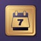 Purple Hotel booking calendar icon isolated on purple background. Gold square button. Vector