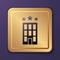 Purple Hotel building icon isolated on purple background. Gold square button. Vector