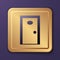 Purple Hotel corridor with closed numbered door icon isolated on purple background. Gold square button. Vector