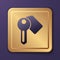 Purple Hotel door lock key icon isolated on purple background. Gold square button. Vector