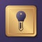 Purple Hotel door lock key icon isolated on purple background. Gold square button. Vector