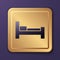 Purple Hotel room bed icon isolated on purple background. Gold square button. Vector