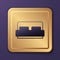 Purple Hotel room bed icon isolated on purple background. Gold square button. Vector