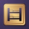 Purple Hotel room bed icon isolated on purple background. Gold square button. Vector