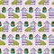 Purple house and cute bush in a seamless pattern design