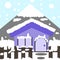 The purple house in winter, the kitchen, the house, the snow falls on the white mountains.