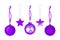 Purple Ð¡hristmas tree decorations set white background isolated closeup, hanging glass balls stars collection, New Year holiday