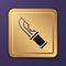 Purple Hunter knife icon isolated on purple background. Army knife. Gold square button. Vector