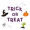 Purple inscription for Halloween treak or treat with vector elements. Hat, Skull, bone, Pumpkin, zombie hand