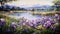 Purple Irises And Mountainous Lakes: Captivating Realistic Landscapes