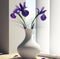 Purple Irises in White Vase on Sunny Windowsill 03