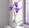 Purple Irises in White Vase on Sunny Windowsill 04