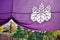 Purple Japanese temple curtain with historical emblem of Toyotomi clan.