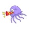 Purple jellyfish celebrating new year blowing trumpet, doodle icon image kawaii