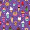 Purple Kawaii pastry and ice cream seamless pattern. Kawaii ice cream, cupcakes, milkshakes, and donuts