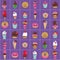 Purple Kawaii sweets seamless pattern. Kawaii ice cream, cupcakes, milkshakes, and donuts