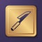 Purple Knife icon isolated on purple background. Cutlery symbol. Gold square button. Vector