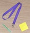 Purple Lanyard Neck Strap with metal lobster clip and green pen, note paper