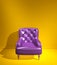 Purple leather armchair with quilted back and wooden legs in yellow interior, showroom, front view. Creative minimalistic interior