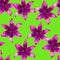 Purple lily flower watercolor seamless pattern. Bright tropical flowers isolated on green background.