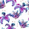 Purple lily watercolor seamless pattern. Bright tropical flowers isolated.